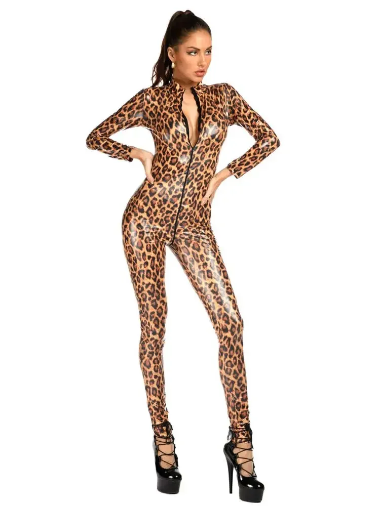 ليوبارد نظرة الرطب Catsuit لامعة بولي Leather جلد كم طويل 2 سستة مفتوحة المنشعب ارتداءها ضيق تأثيري بذلة كلوبوير مثير يوتار