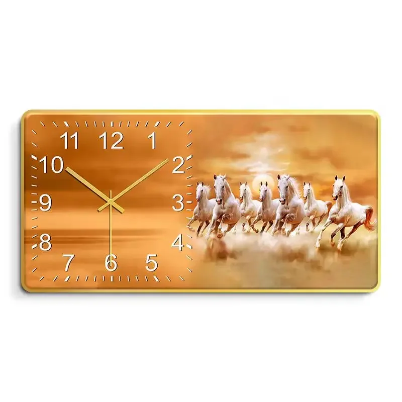 

High quality gold wall clock crystal porcelain painted horse landscape luxury digital home decoration wall clock