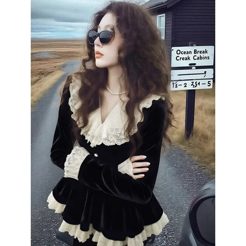 

Contrast Patchwork Pleated Ruffles Temperament Tops Women Clothing Spring Autumn New Long Sleeve Elegant T Shirts Fashion Office