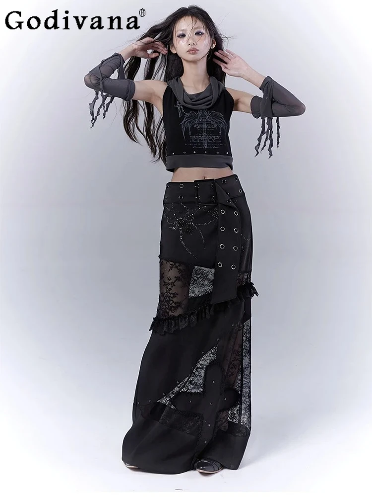 Punk Elegant Lace Splicing Chic Dark Low Waist Straight Skirt Summer Personalized Girl Sexy Fashion Hollow Solid Color Skirts