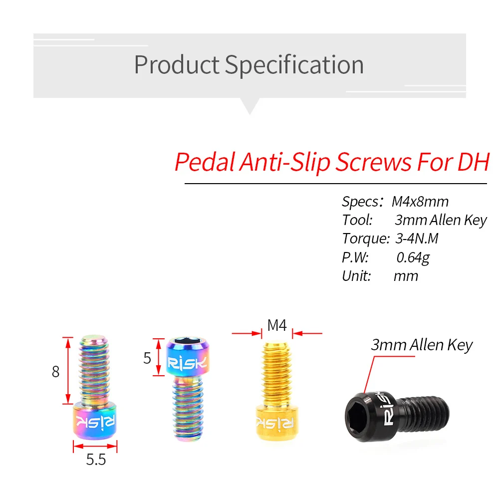 8pcs/lot RISK M4*8mm Bike Titanium Alloy Anti-skid Bolts For Downhill Bicycle TC4 Ti Pedals Anti-slip Fixing Screws For XC AM DH