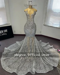 Silver O Neck Long Prom Dresses For Black Girls Beaded Crystal Evening Dress Mermaid 2025 Birthday Luxury Dresses Customized