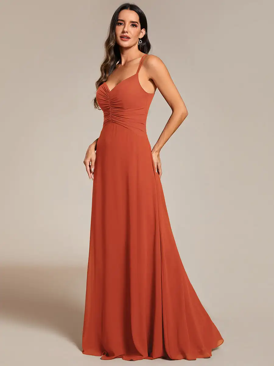 Vestidos de Noche elegantes con cuello en V, vestido de dama de honor de gasa naranja quemado, plisado, con tirantes ajustables, 2024