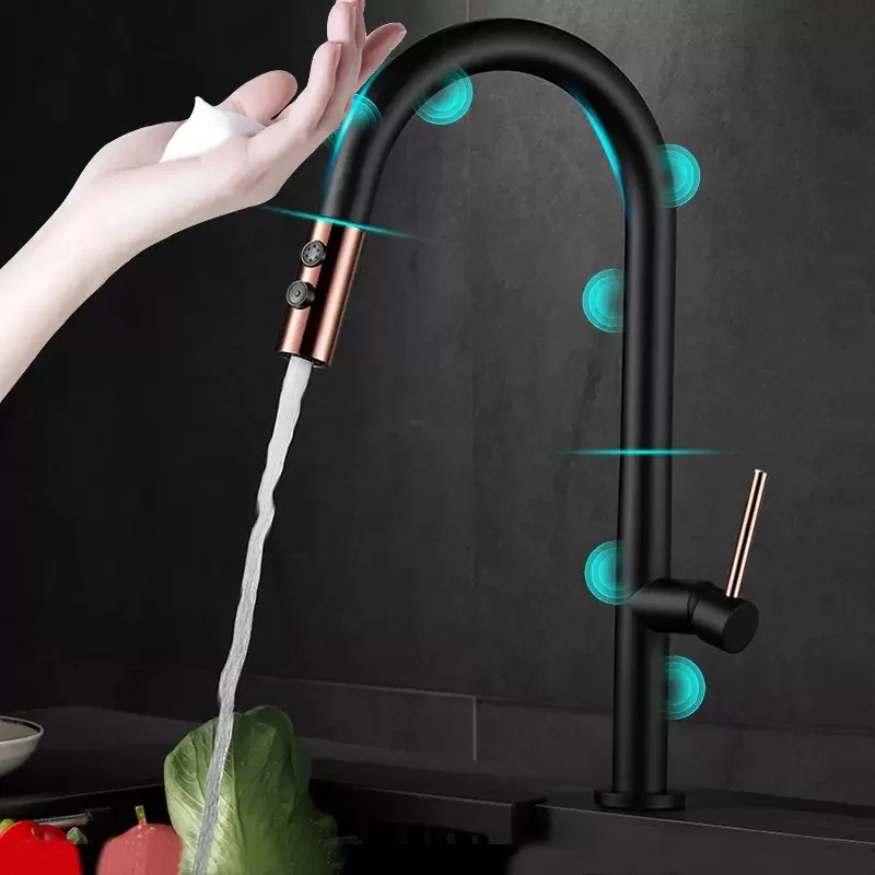 Robinets de cuisine à capteur, toque chaud et froid, robinets de cuisine extractibles en acier inoxydable, capteur domestique, robinets de cuisine tactiles intelligents