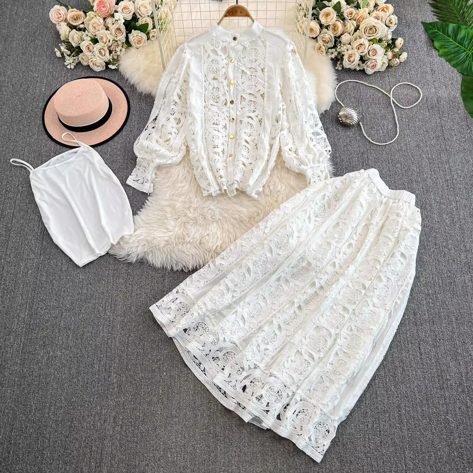 Autumn Crochet White Lace Embroidery 3 Pieces Sets Women Dress Suits Hollow Out Loose Shirt Top Elastic Waist Maxi Skirt Suit