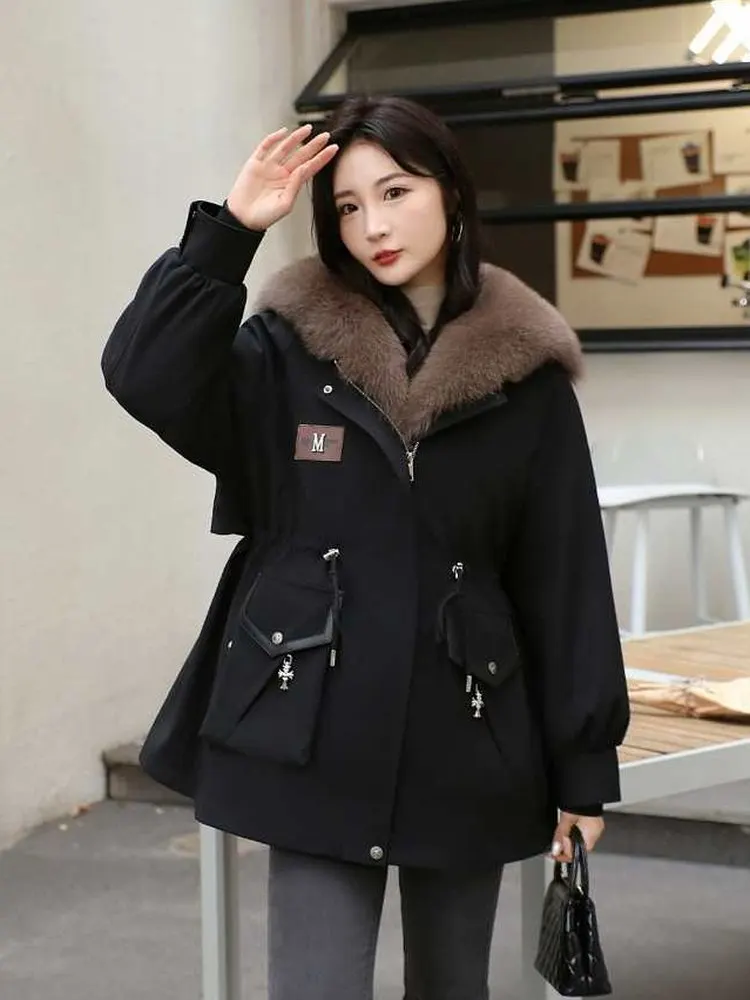 Parkas femeninas de moda nuevo abrigo cálido medio largo de invierno forro de pelo de conejo Rex desmontable cuello de piel de zorro Real abrigos de piel para mujer
