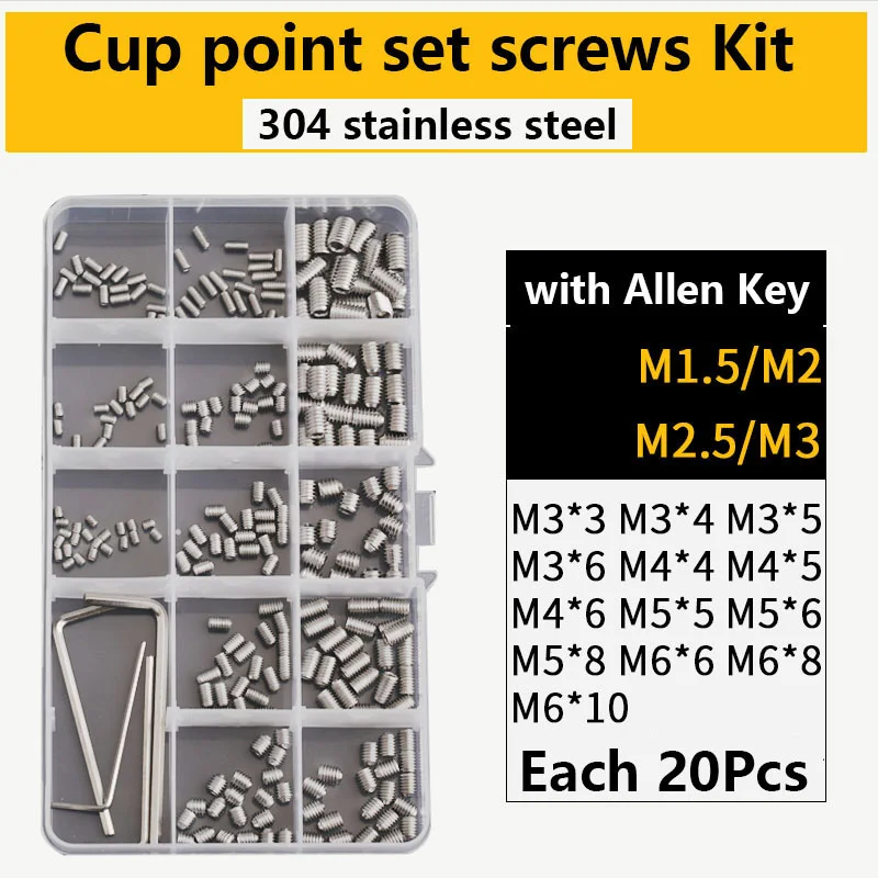 

180/260Pcs 304 316 Stainless Steel Allen Head Socket Hex Set Grub Screw Assortment Cup Point M3 M4 M5 M6 M8 With Plastic Box