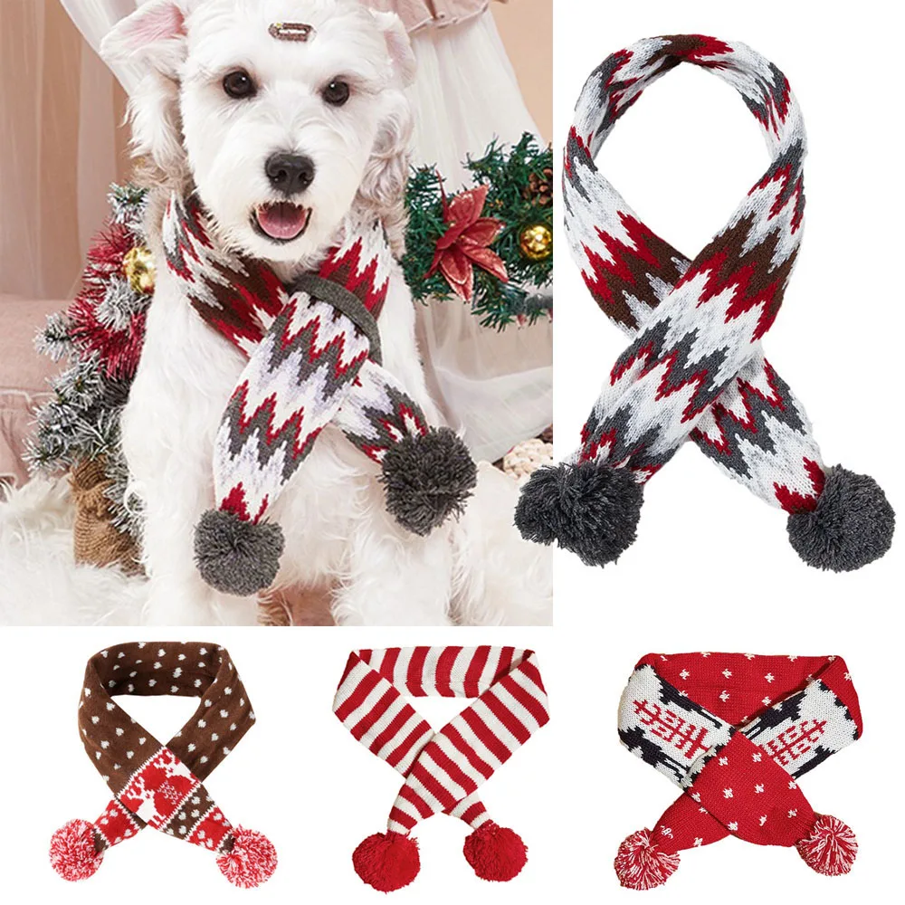 Christmas Dog Scarf Striped Hair Ball Pet Scarf Wool Knitting Puppy Collar Scarf Outdoor Dog Warm Scarves Christmas Supplies