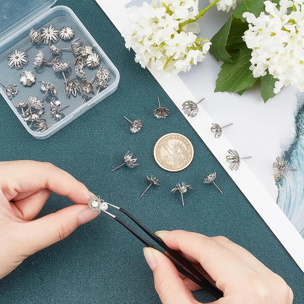 36pcs 9 Styles 4mm Tray Flower Stud Earrings Rhinestone Earrings 0.7mm Pin Stainless Steel Stud Earring Findings for DIY