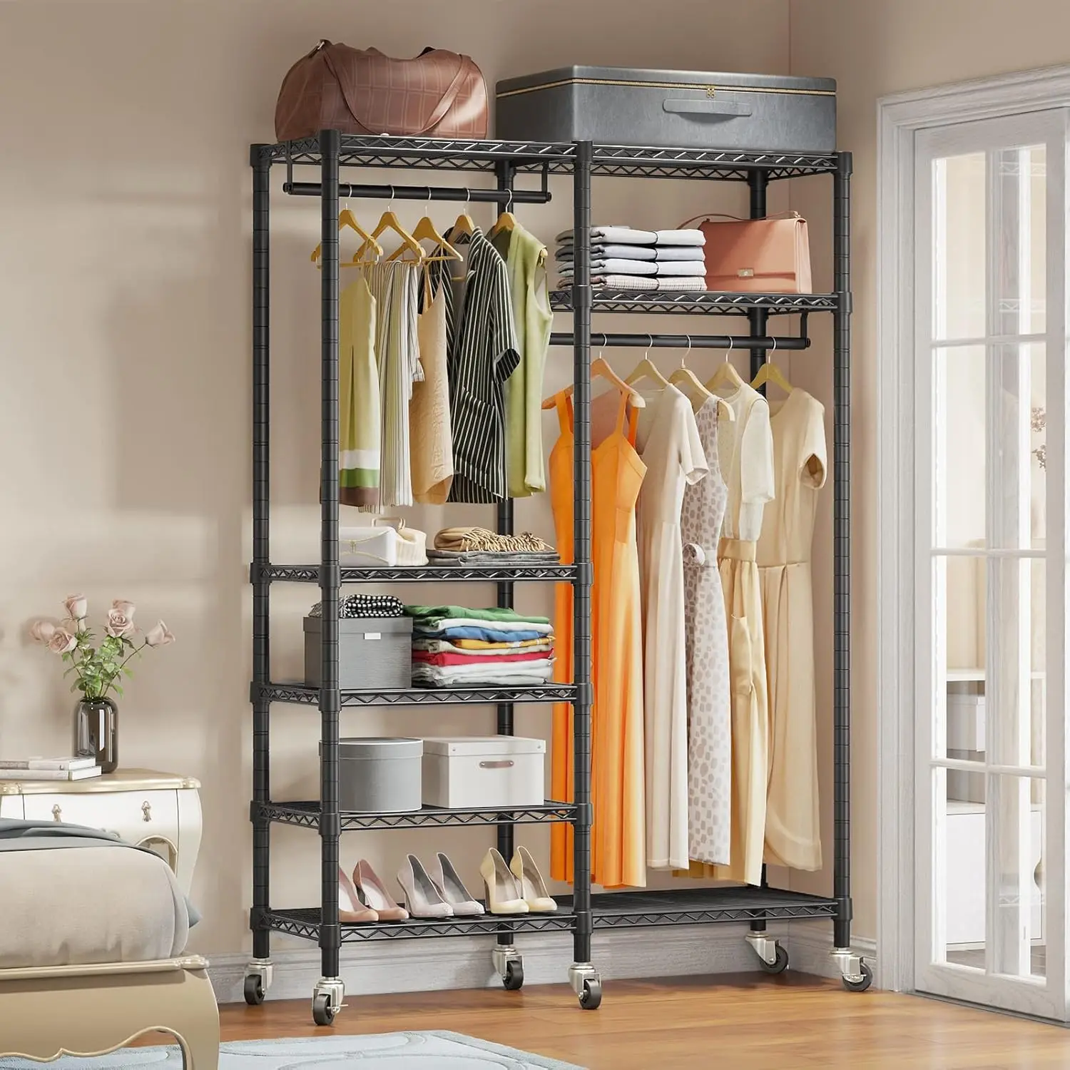 R4 Rolling Garment Rack 6 Tiers Adjustable Heavy Duty Wire Shelving Clothes Rack with Double Rods and Lockable Wheels