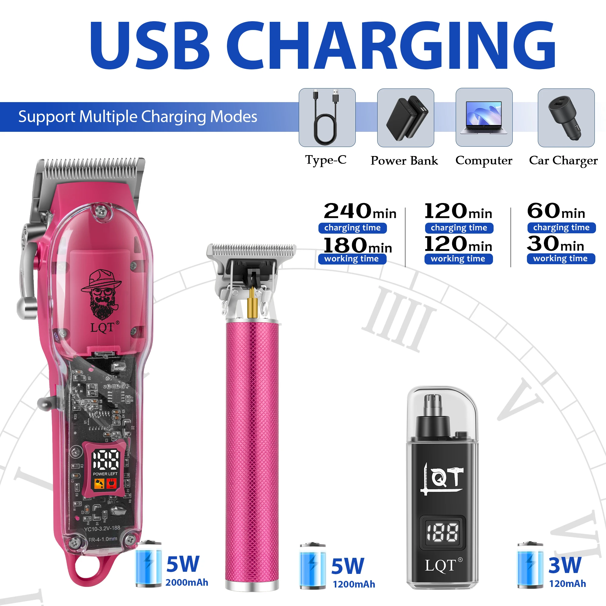 LQT Cordless Hair Clipper T Trimmer Set Pink Transparent LED Display Easy Use For Beginners Adults Boys Family Home Haircut