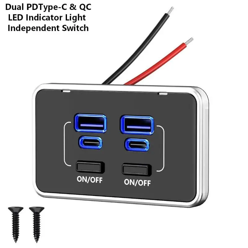 

4-Port 12V RV USB Outlet 78W Dual PD Type-C & QC 3.0 Panel Wall Mount With Switch Quick Charge Adapter For Marine Bus ATV Truck