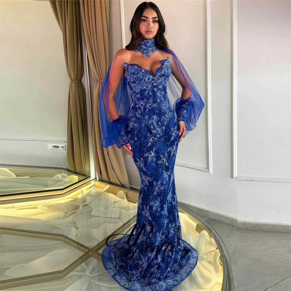 AP pretti Gorgeous Dark Blue Lace Applique Beading Evening Gown Dress Mermaid Customized Detachable Sleeves Wedding Party