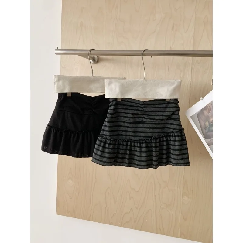 Gray Stripe Mini Skirt Women Drawstring Waist Spliced Ruffle Slim A-line Skirts Japanese Y2k Aesthetic Spicy Girl Falda