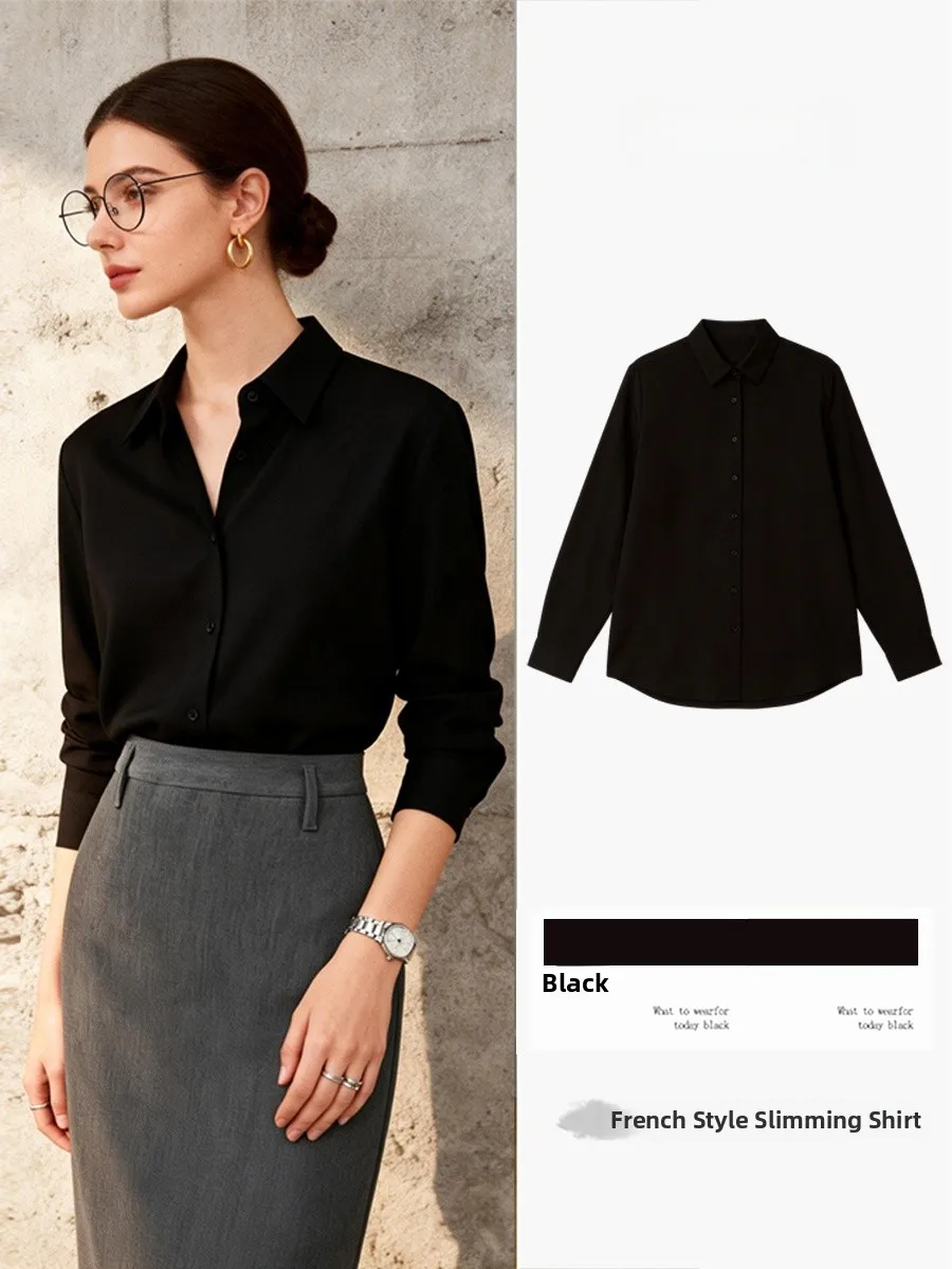 

Minimalist Black Long Sleeve Shirt Women's Commute Slimming Professional Spring Summer Top Fashion French Style Loose Fit