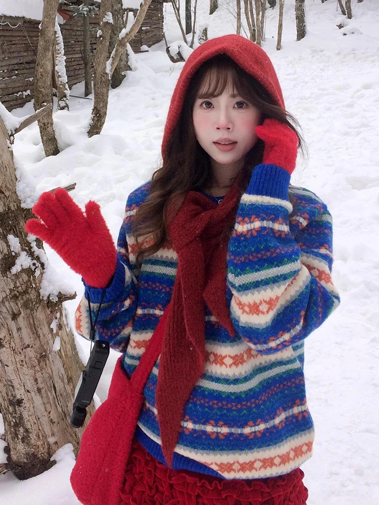 

Women's Oversized Casual Knitted Sweater Cisas Aosphere Blue Stripes Soft Cozy Street Sle Long Sve round Ne Top