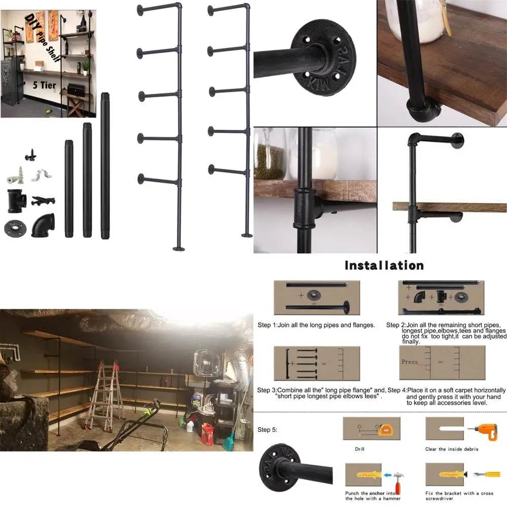 

Vintage Industrial Style Wall-Mounted Iron Pipe Shelving Brackets for DIY Open Bookshelf Storage Solutions