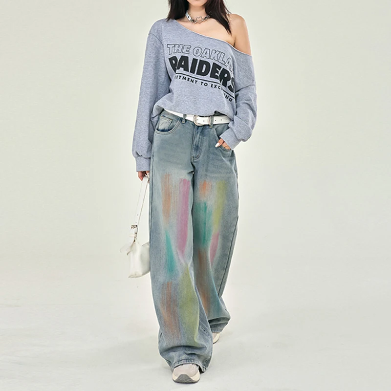 

Graffiti Rainbow Printed Denim Pants Streetwear Korean Style Jeans Harajuku Vintage Wide Leg Pants 2000s Trashy Clothes 2024