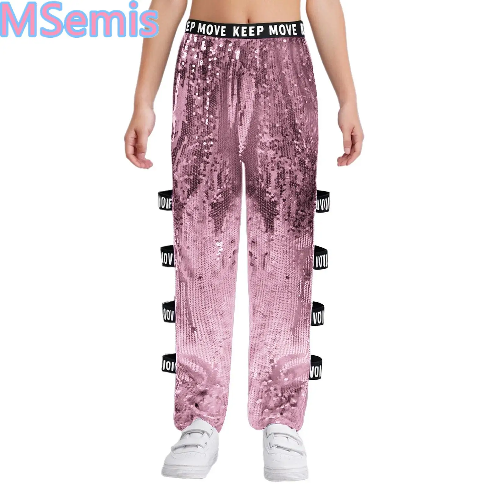 

Kids Girls Glittery Sequin Pants Hip-Hop Jazz Pants Stage Performance Costume Cutout Dance Pants