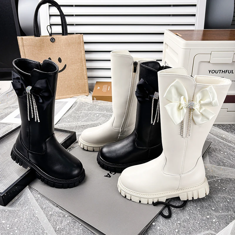 Princess Girls Leather Boots with Shiny Bow 2025 New Winter Kids Thermal Mid-calf Boots Non-slip Classic Christmas Party Boots