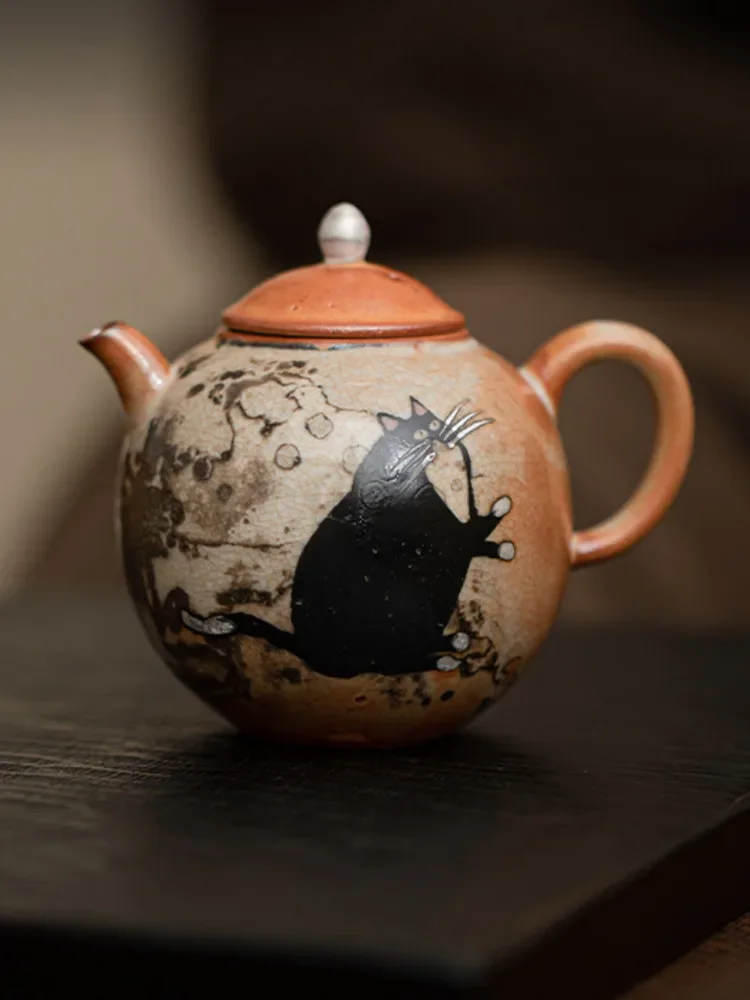 100ml Hand-painted Cat Tea Pot Vintage Garnet Potfilter Travle Tea Making Pot  Kung Fu Tea Water Coffee Ceramic Pot