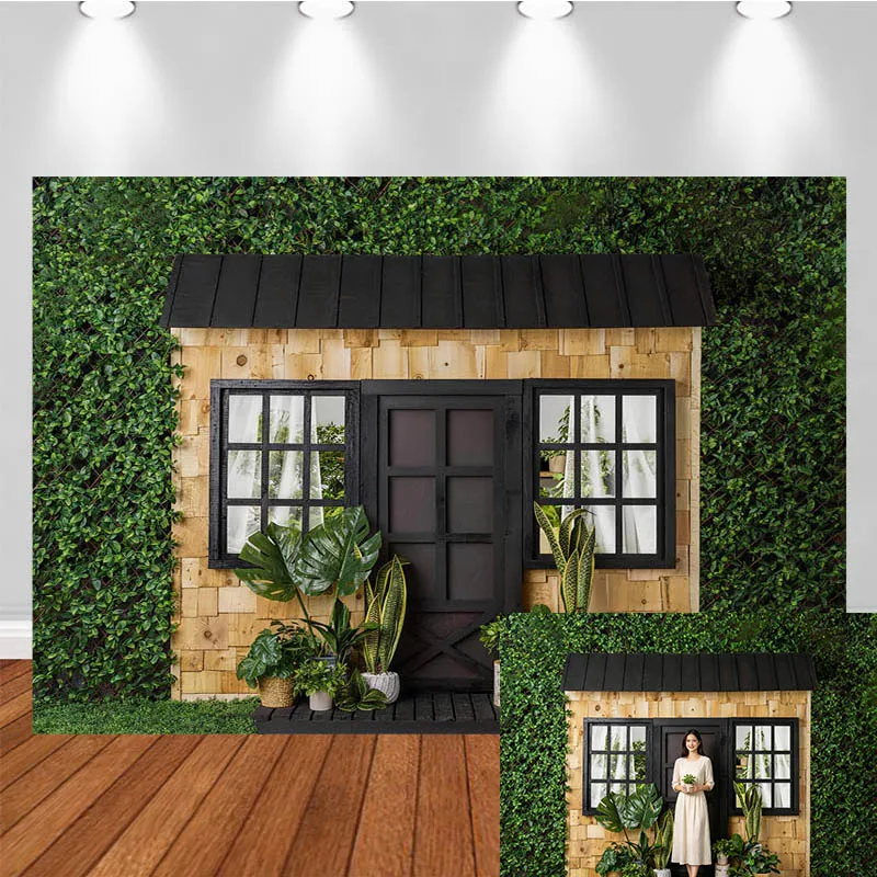 

LS Photography Backdrop Green Plant Wooden Wall House Door Window Decor Birthday Cake Smash Kids Adult Portrait Photo Background