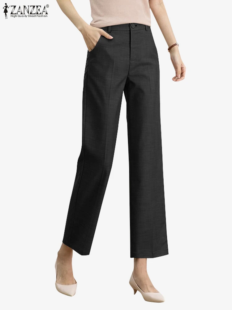 ZANZEA Women Pocket Mid Waist Bottoms Korean Fashion Pants 2024 Casual Solid Ninth Pants Elegant Office Lady Straight Trousers