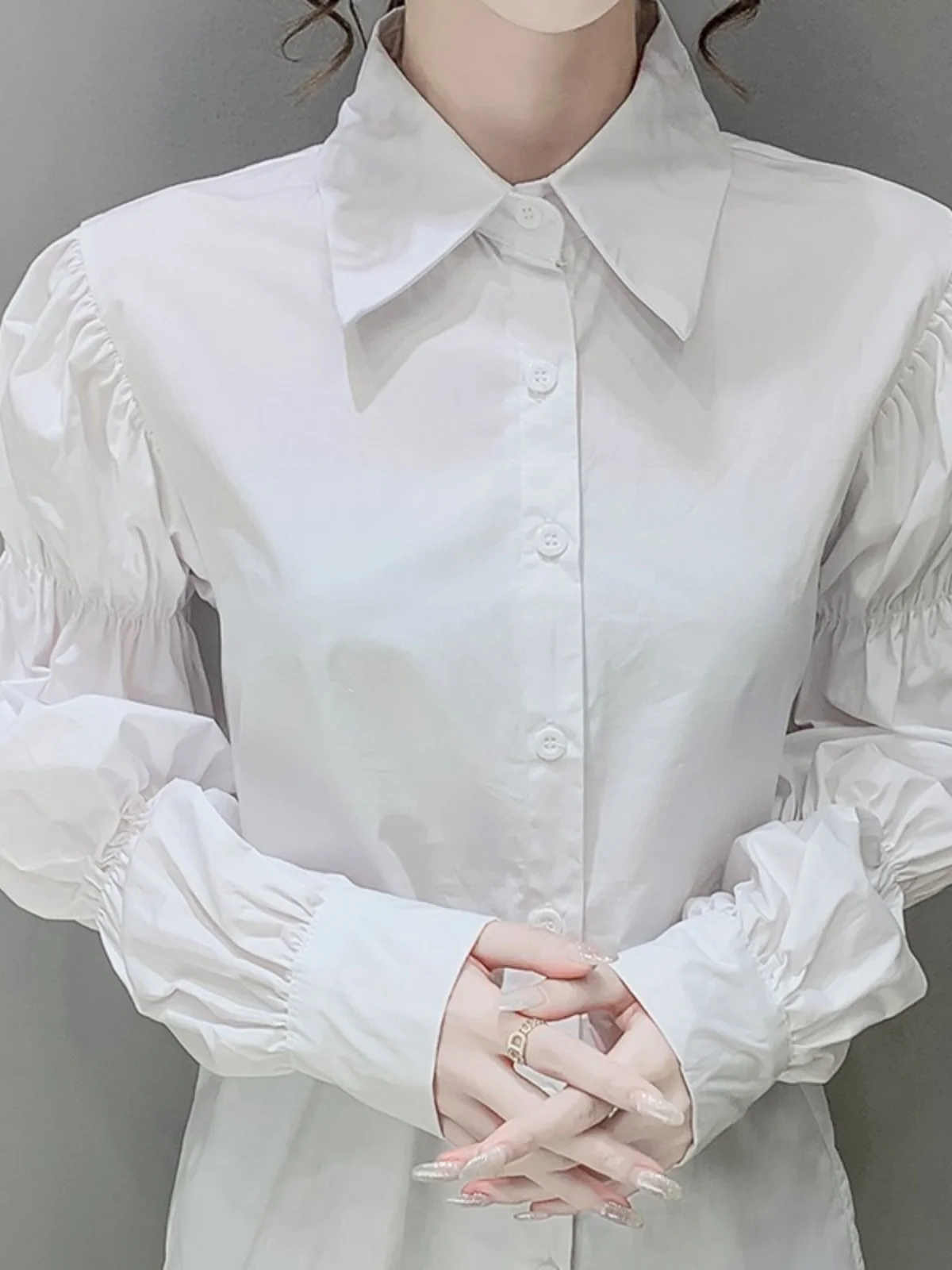 

White Bubble Sve irt Women's Retro Hong Kong Sle Turn-down Collar Gentle Court Mindful Early Autumn New Sle irt