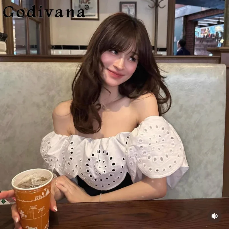 Japanese Style Sweet Ruffled Collar Off-Shoulder Short Shirts Summer Girls Women Slim Elegant Fashion Puff Sleeve Blouses Top