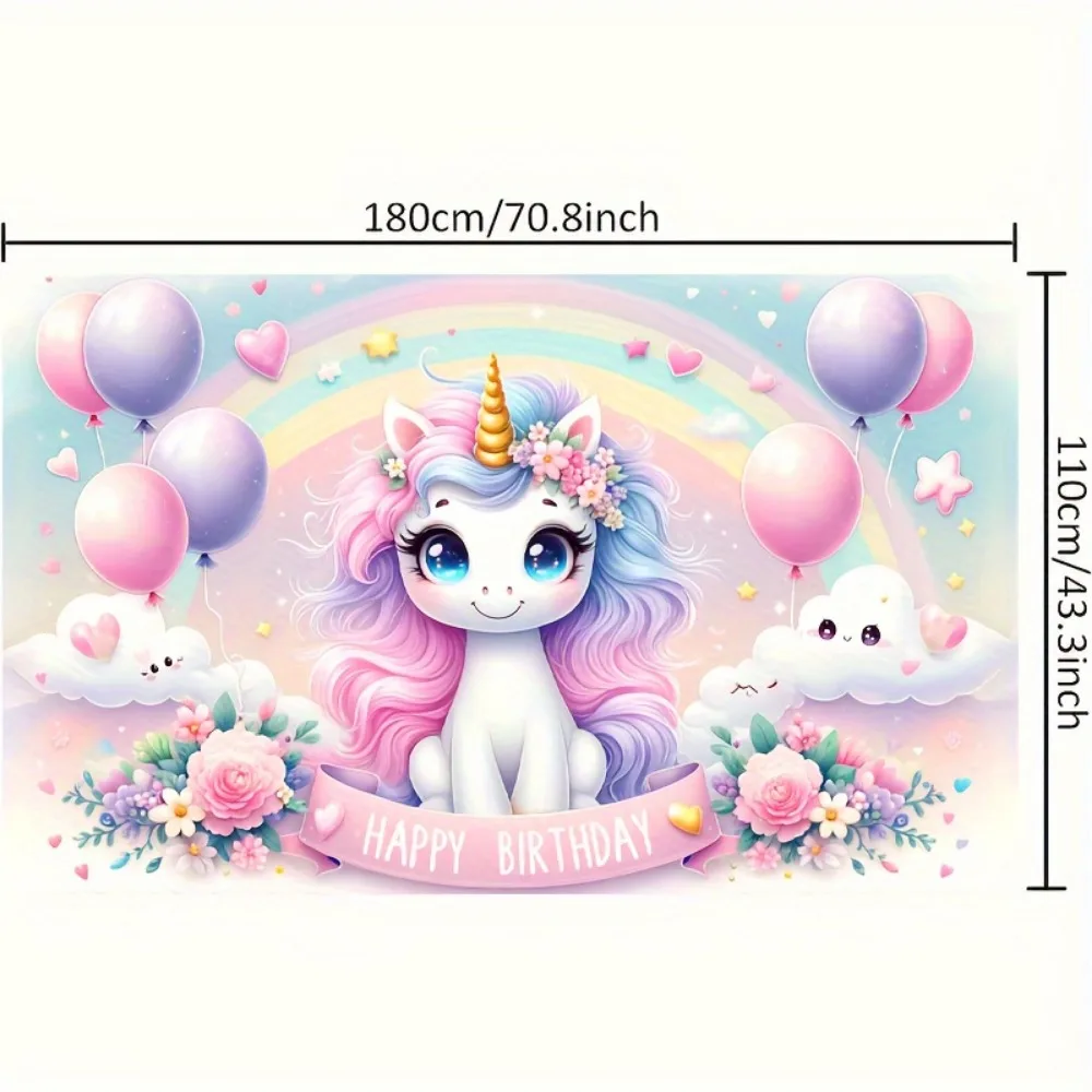 Enchanting Pink Unicorn Happy Birthday Backdrop,Polyester, No Power Needed, Perfect For Outdoor Celebrations & Magical Decor