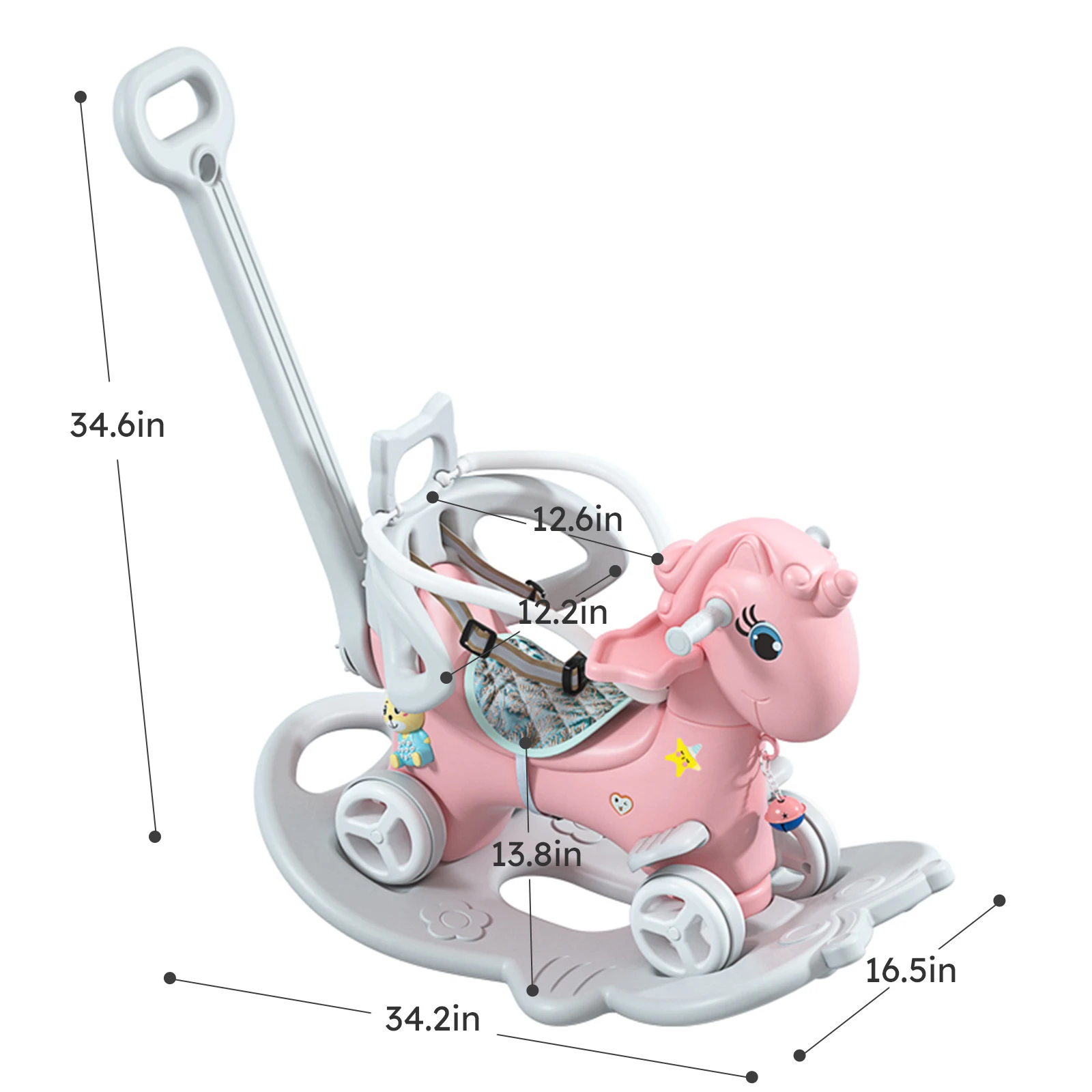 Cavallo a dondolo 5 in 1 per bambini di 1-3 anni, giro in bici senza pedali su giocattoli con maniglia di spinta, schienale e tavola di equilibrio per bambino