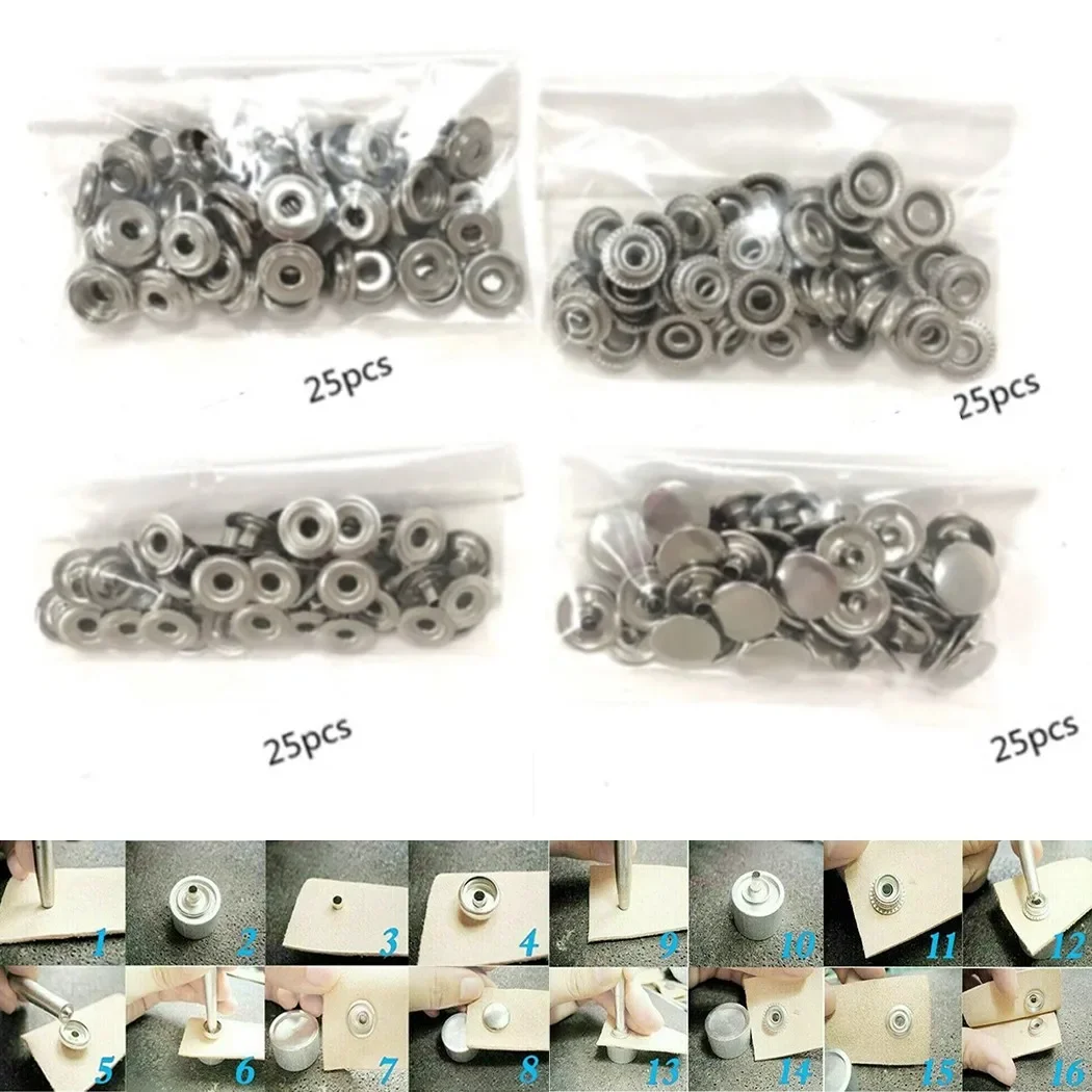 100x 15mm Stainless Steel Fastener Snap Press Stud Cap Button Marine Boat Canvas Leather Craft, Canvas, Jeans, PVC, Mesh Covers