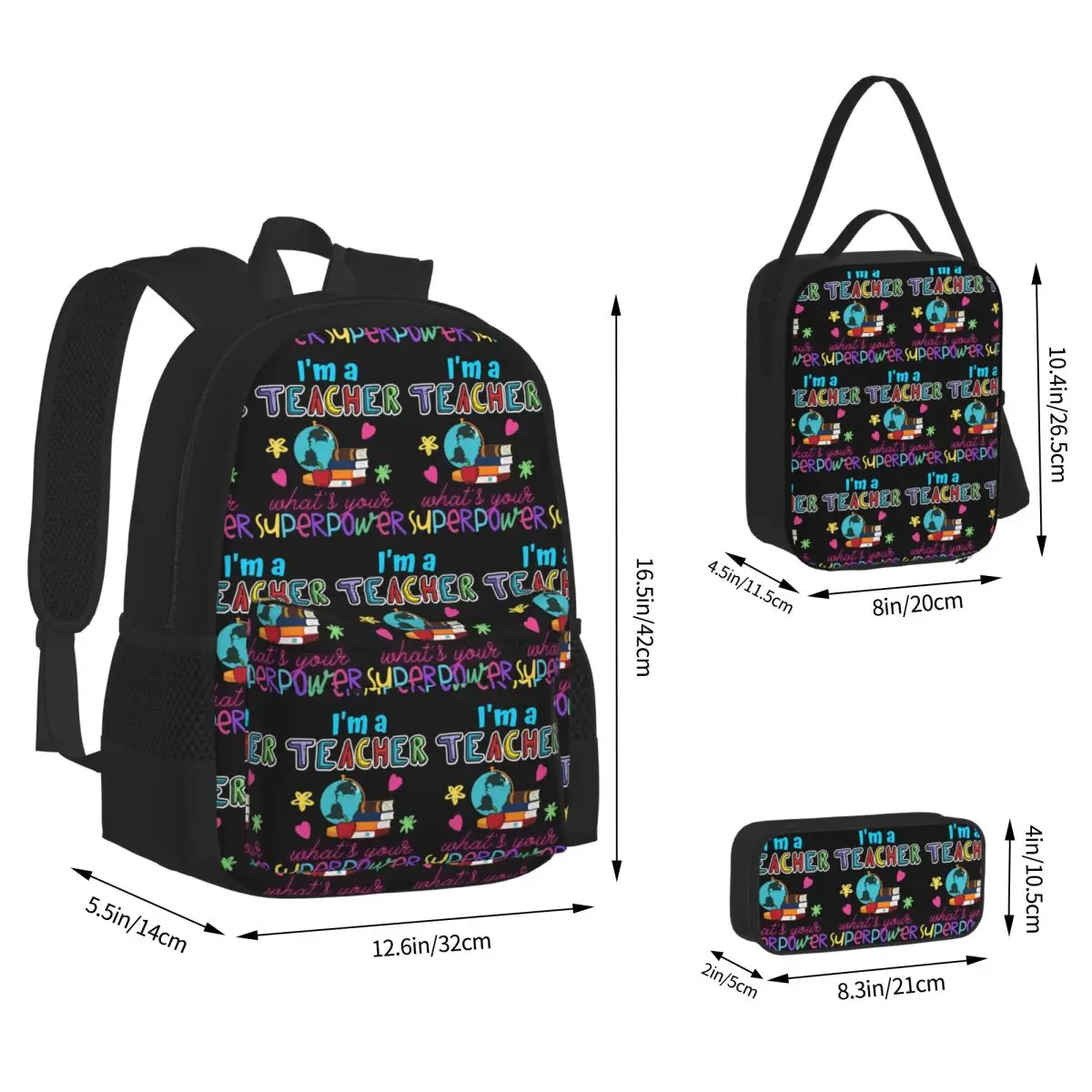 I'm A Teacher What_s Your Superpower Backpacks Students Bookbag School Bags Children Rucksack Lunch Bag Pen Bag Three-Piece Set