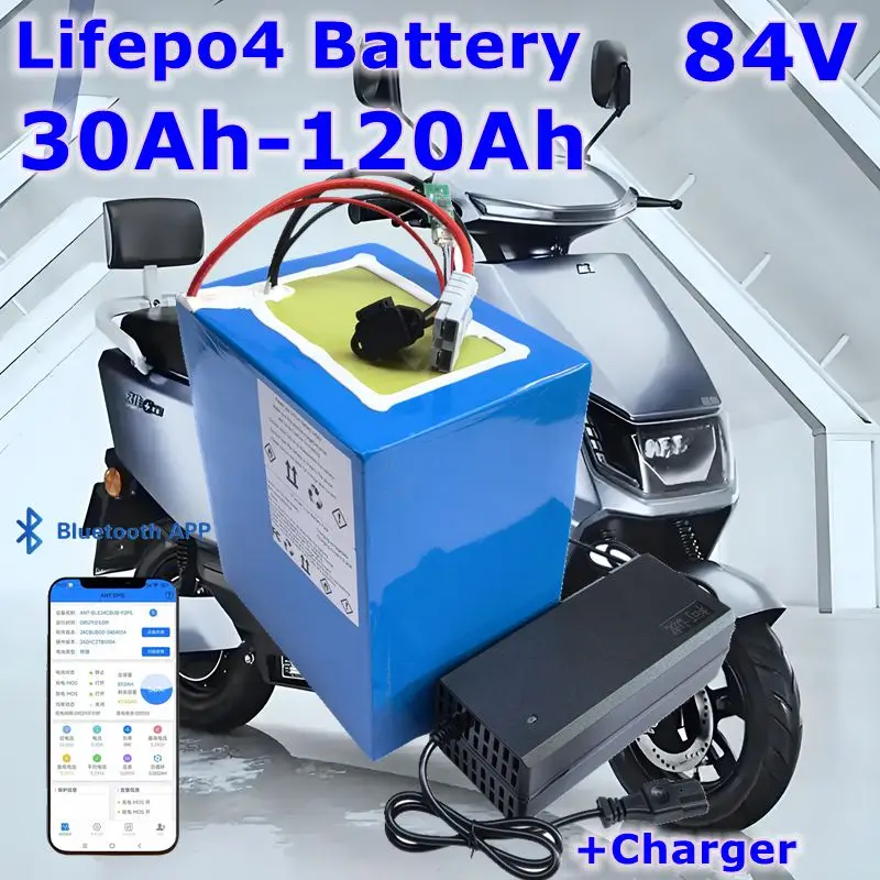 84V 50Ah 60Ah 70Ah 80Ah 100Ah 120Ah Lifepo4 Battery Bluetooth App BMS 27S for 4KW 8KW Two Wheeler Vehicle Floor Golf Cart RV