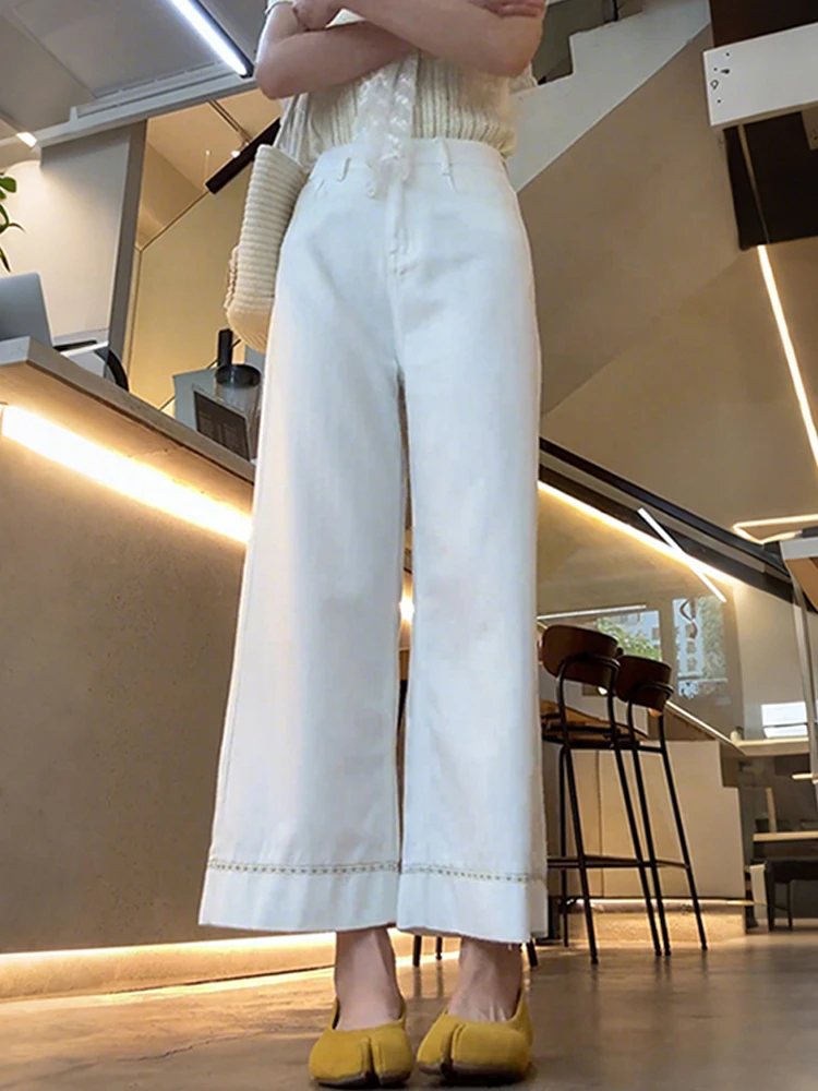 Vaqueros blancos de pierna ancha para mujer, cintura alta, holgados, adelgazantes, drapeados, de talla grande, informales, con cremallera, novedad de otoño