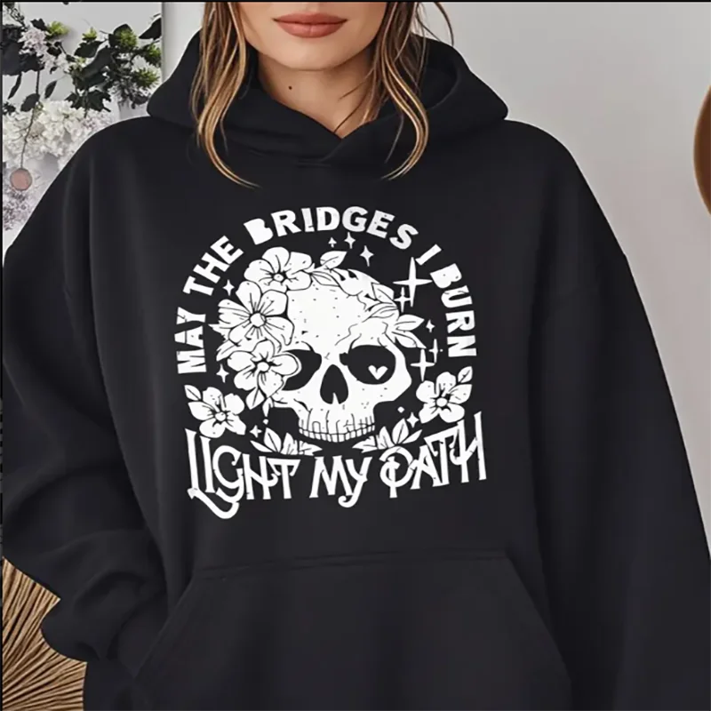 

Женская толстовка с цветочным принтом и черепом May The Bridges I Burn Light My Path Графический принт Повседневная негабаритная толстовка на шнурке из хлопка