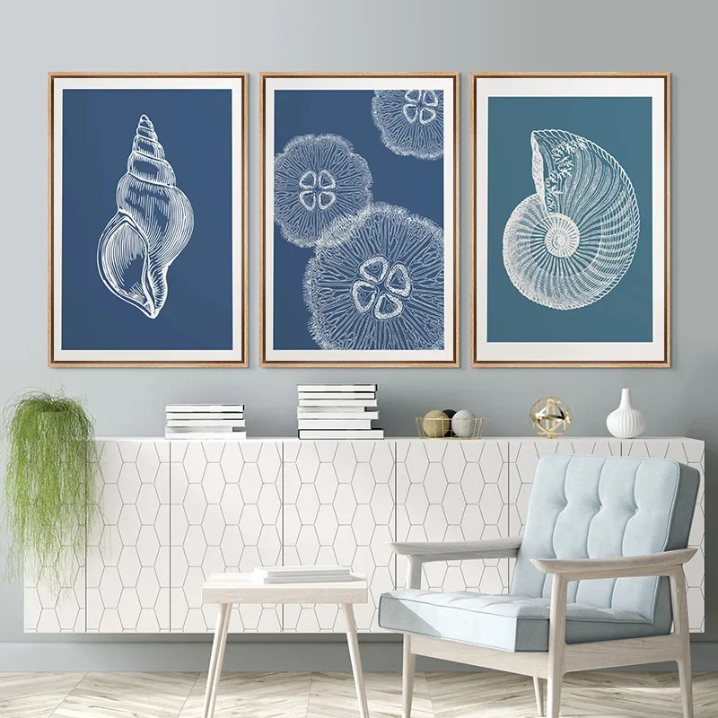 Blue Coastal Sea Antique Seashell Sketch Starfish Jellyfish Conch Poster Canvas Painting Print Wall Art for Kids Room Home Decor