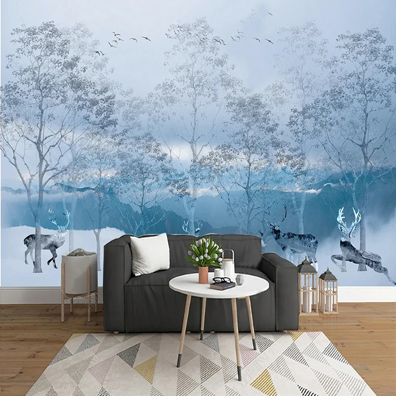 Custom 3D Murals Nordic Minimalist Abstract Elk Forest Wall Paper Sticker For Living Room Decoration Wallpaper For Bedroom Wall