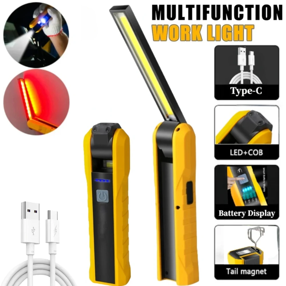

Высокомощный портативный рабочий фонарь COB, складной светодиодный перезаряжаемый фонарик, аварийная инспекционная лампа для ремонта автомобиля с магнитным крючком