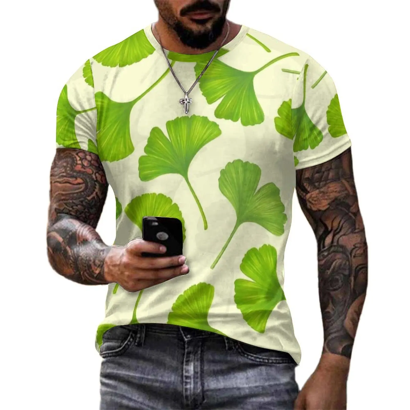 Plus Size T-Shirt Summer Green Ginkgo Leaf Pattern T Shirts  Classic O-Neck Tshirt Man Popular Design Tees