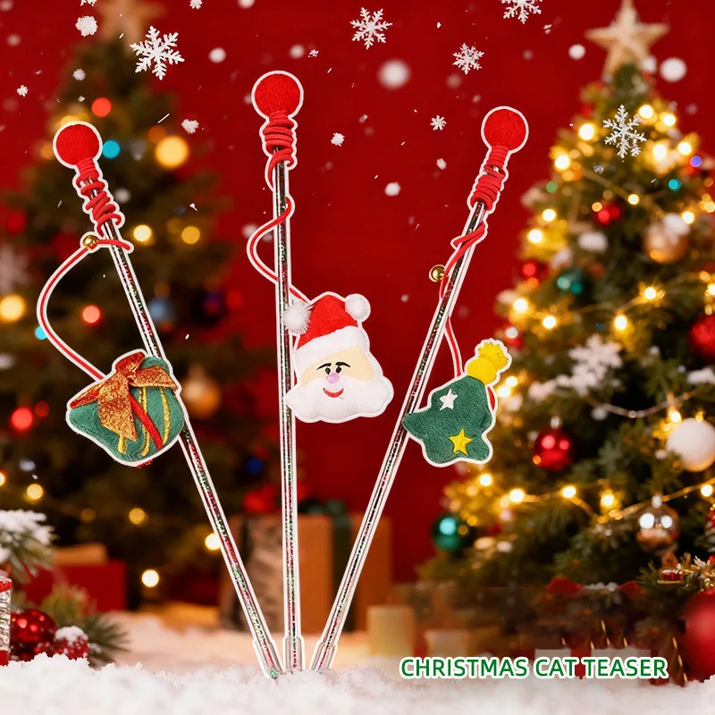 

3pcs Christmas Cute Plush Cat Teaser Wand Portable Holiday Interactive Training Soothing Cat Toys with Bell Katten Accessories