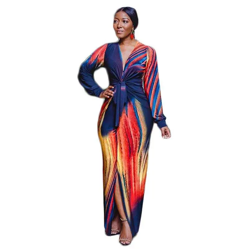 섹시 슬림 롱 프린트 드 오토멈 패션 V넥 미드웨이스트 폴리에스터 롱 슬리브 원피스 여성용 드