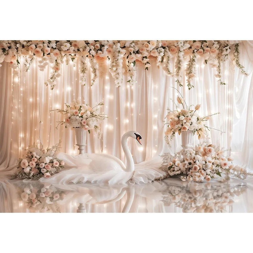 Mehofond Photography Background Pink Curtain Flowers SWAN Indoor Wedding Pregnancy Photo Backdrop Decor Banner Photocall Props