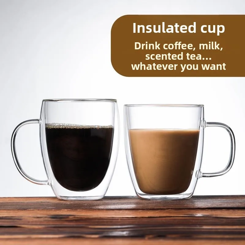 

American Sle Simple Double Layer Heat Insulation Coffee Cup Transparent Glass Cup with Handle Office Heat Resistant Tea Wat...