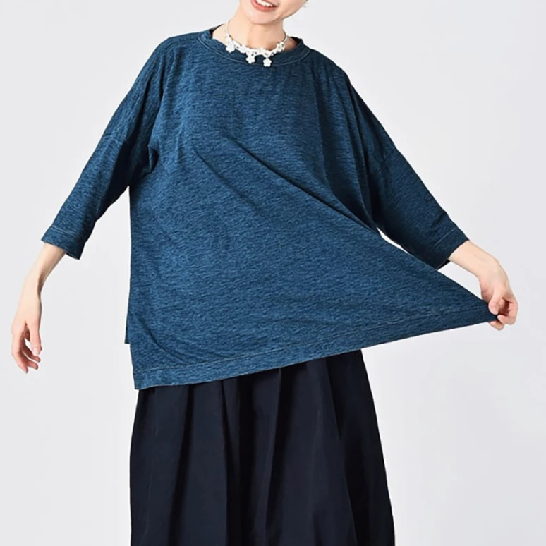 

Японская свободная футболка из бамбукового хлопка для женщин, комфортная классическая модель с рукавом 7/8 и круглым вырезом, весенняя новинка