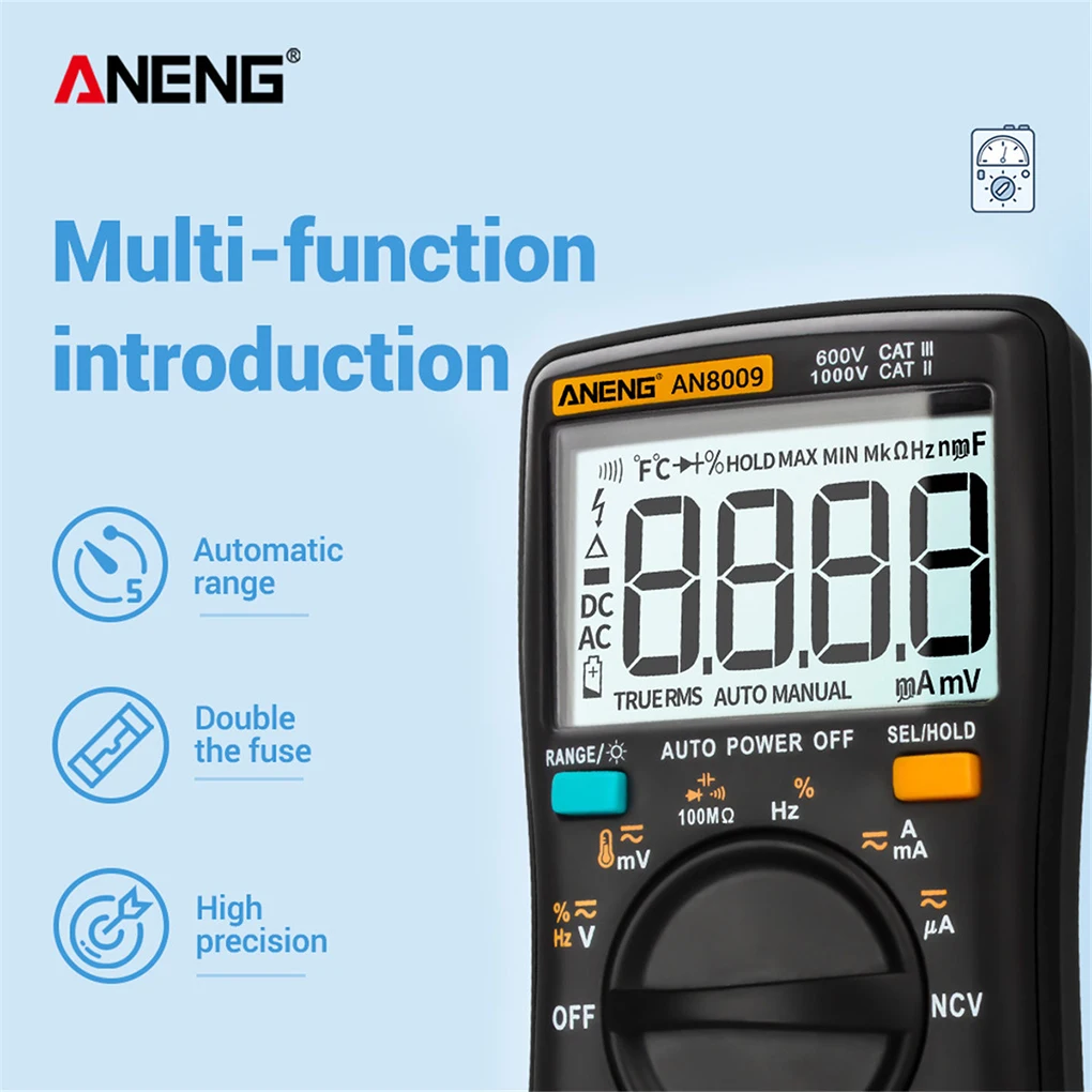 ANENG AN8009 Auto Range LCD-multimeter Digitaal display Weerstand Capaciteitstester Meter Professionele detector Oranje