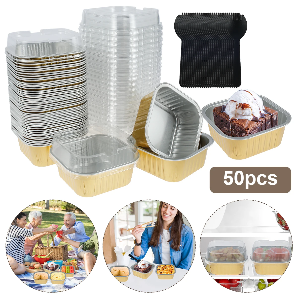 150Pcs Aluminum Foil Cupcake Cups Non-Stick Foil Baking Cups 150ml Square Ramekin Pudding Dessert Cups Cream Cups Containers