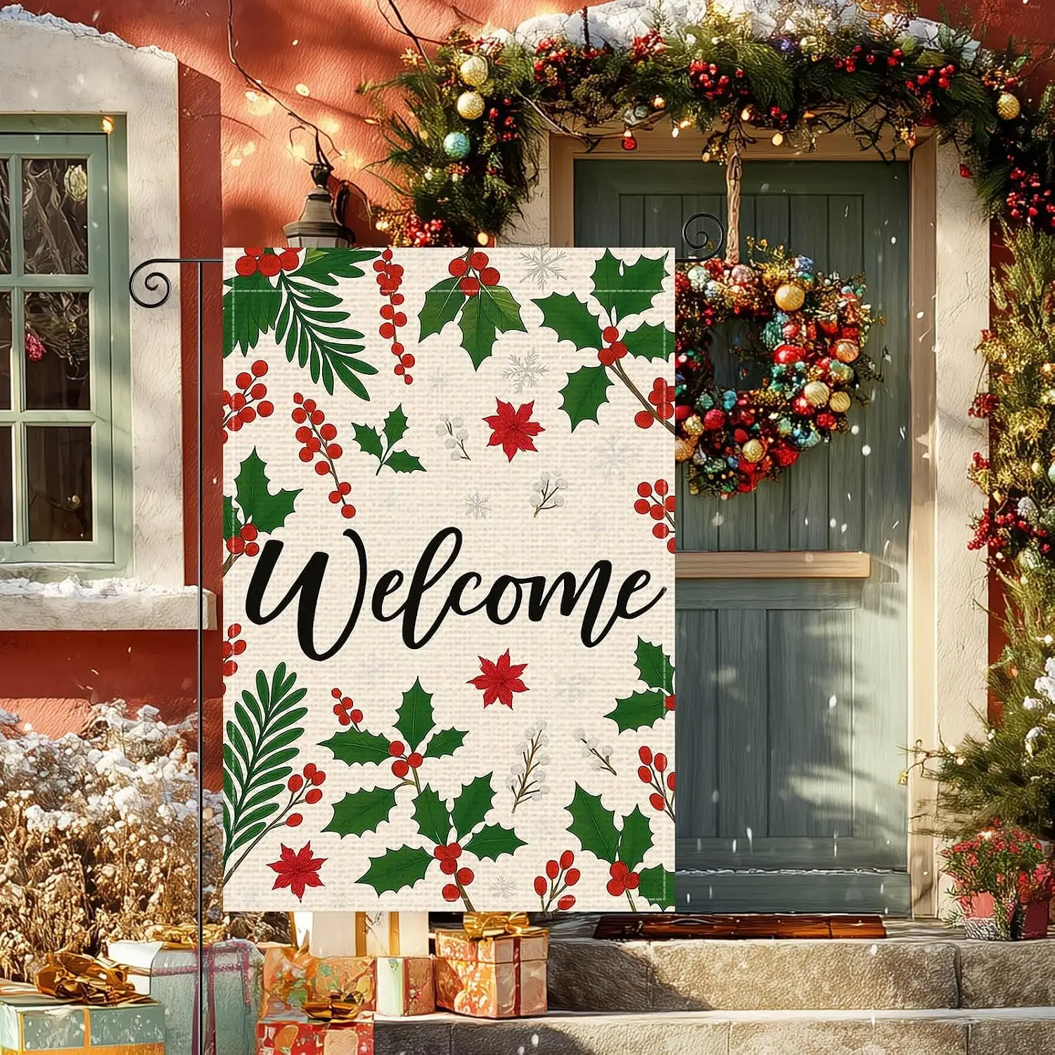Merry Christmas Holly Berry Garden Flag 12x18 Inch Burlap