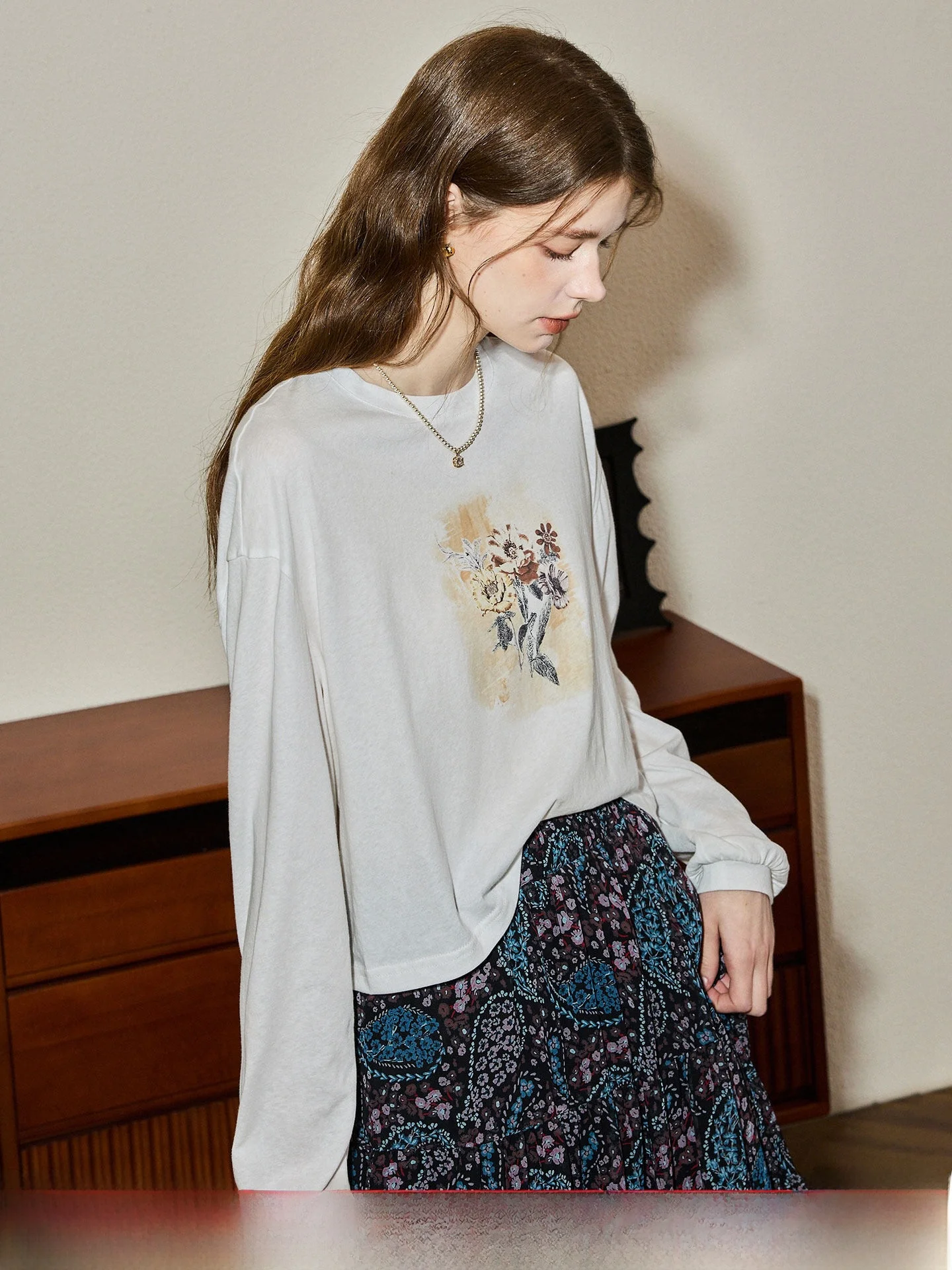 Soft Knitted Long Sleeve T-Shirt Floral Print Lightweight Cloudy Fabric Female Youth Casual Comfortable Breathable Autumn Top