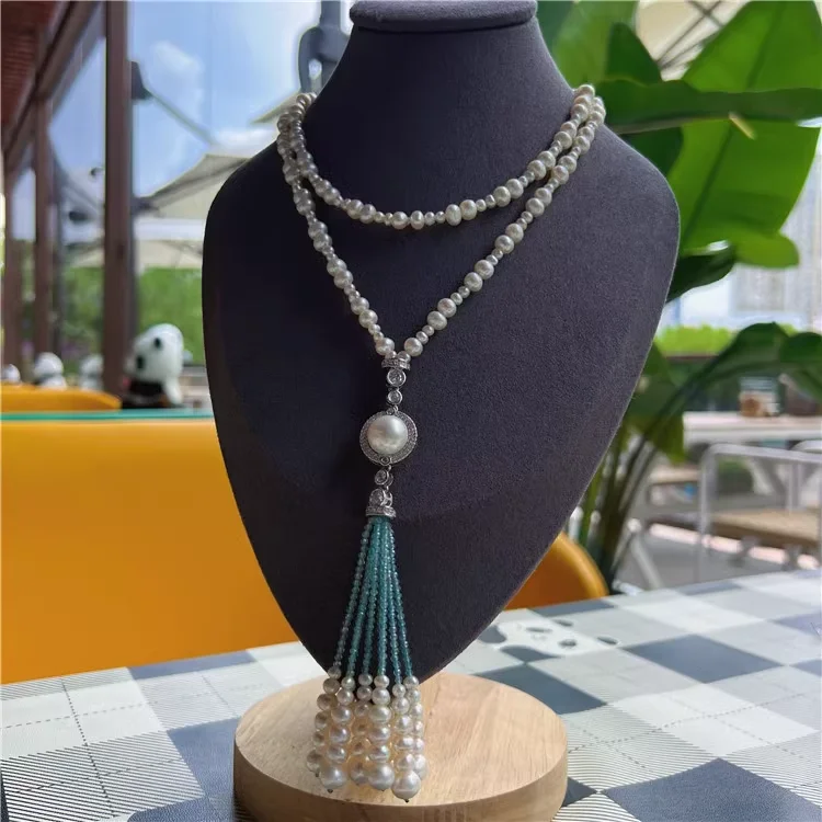 New natural fresh water pearl necklace apatite pendent